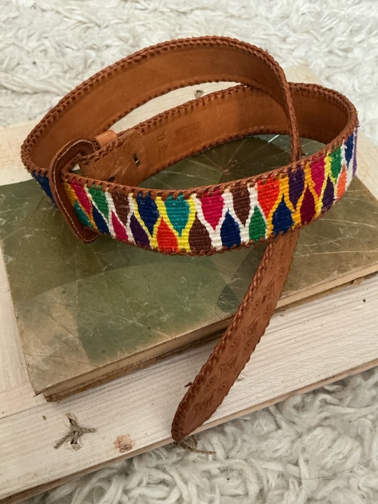 VINTAGE Multicolored Cotton Tooled Leather Belt